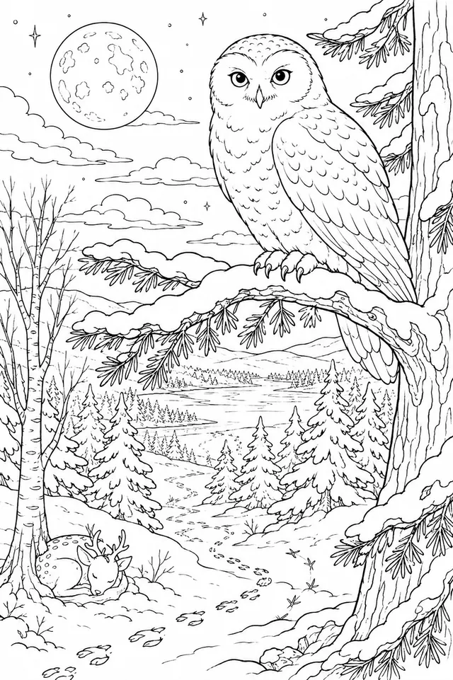 Schneeeule-Geist bewacht den verschneiten Winterwald