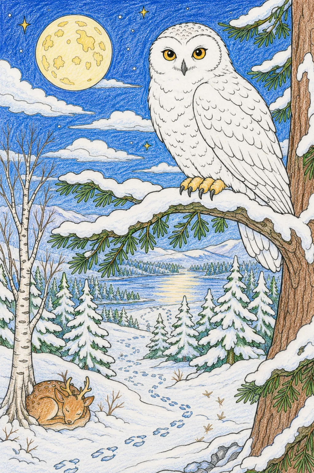 Schneeeule-Geist bewacht den verschneiten Winterwald
