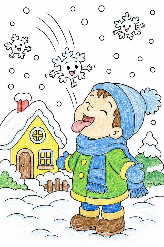 Ausmalbild: Winziges Schneeflocken-Wesen trifft auf Zunge von wartendem Kind mit geschlossenen Augen