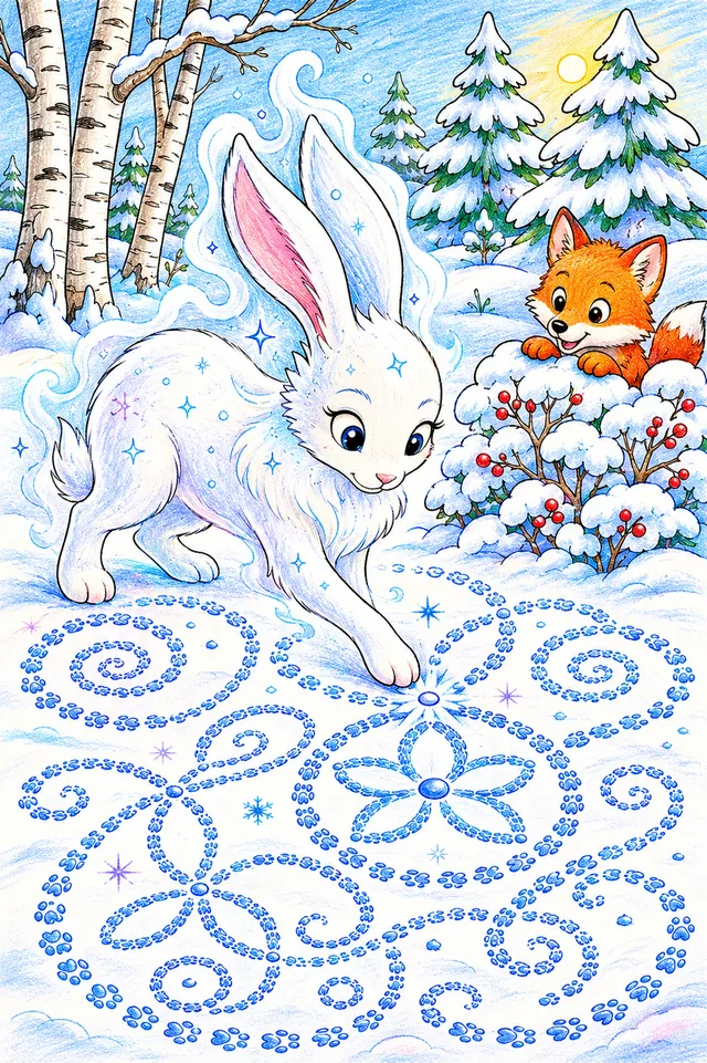 涂色页：白色雪兔精灵在新落雪的田野上跳着艺术脚印图案