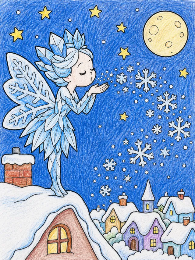 Ausmalbild: Blaue Schneefee auf Hausdach pustet Schneeflocken aus den Händen, Dorf unter Schnee
