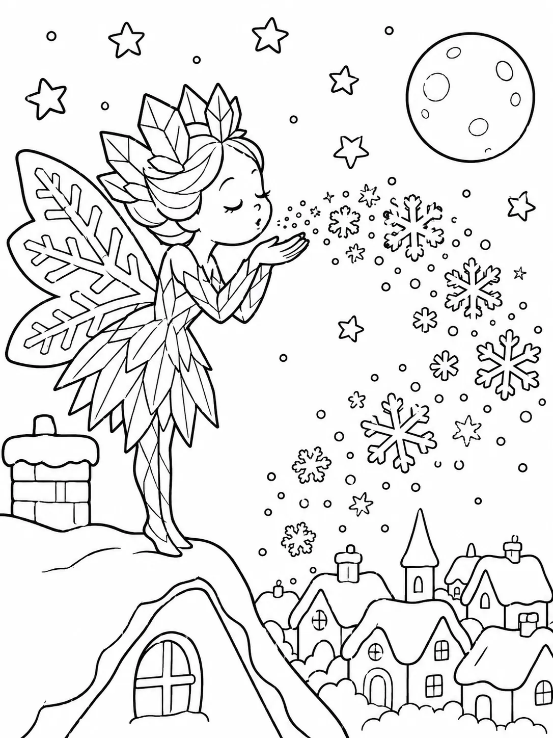 涂色页：蓝色雪仙子站在屋顶上将雪花从手中吹出，村庄在雪下