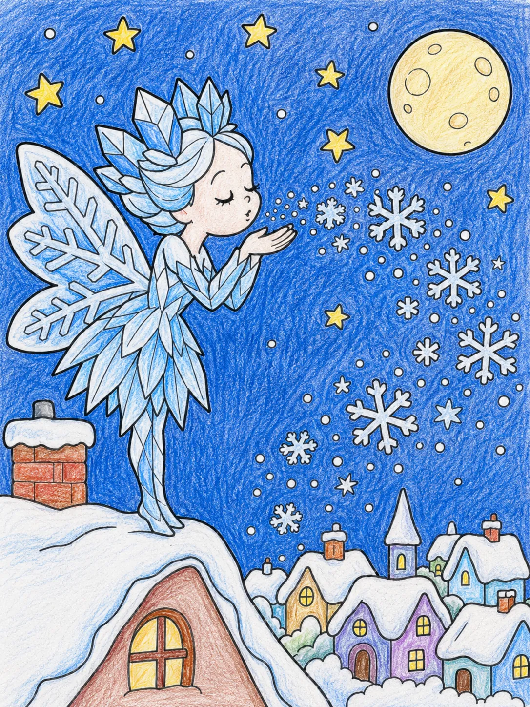 雪晶仙子向冬夜吹出雪花
