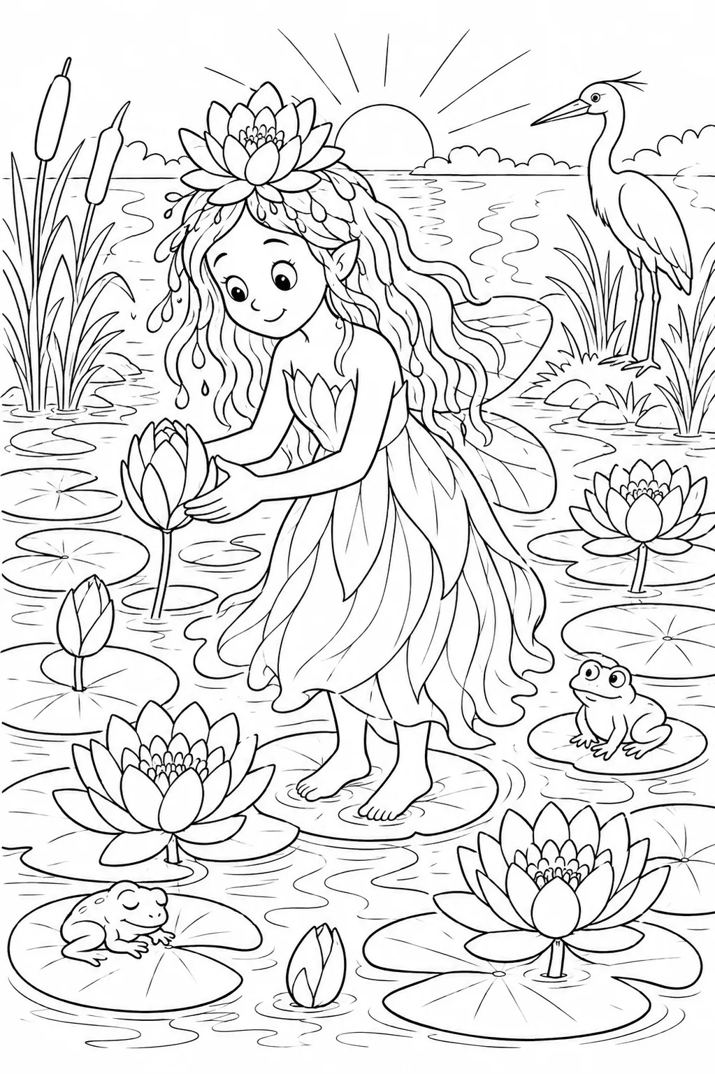 Coloring page: water lily fairy standing on water at sunrise opening buds by touching, mist around her