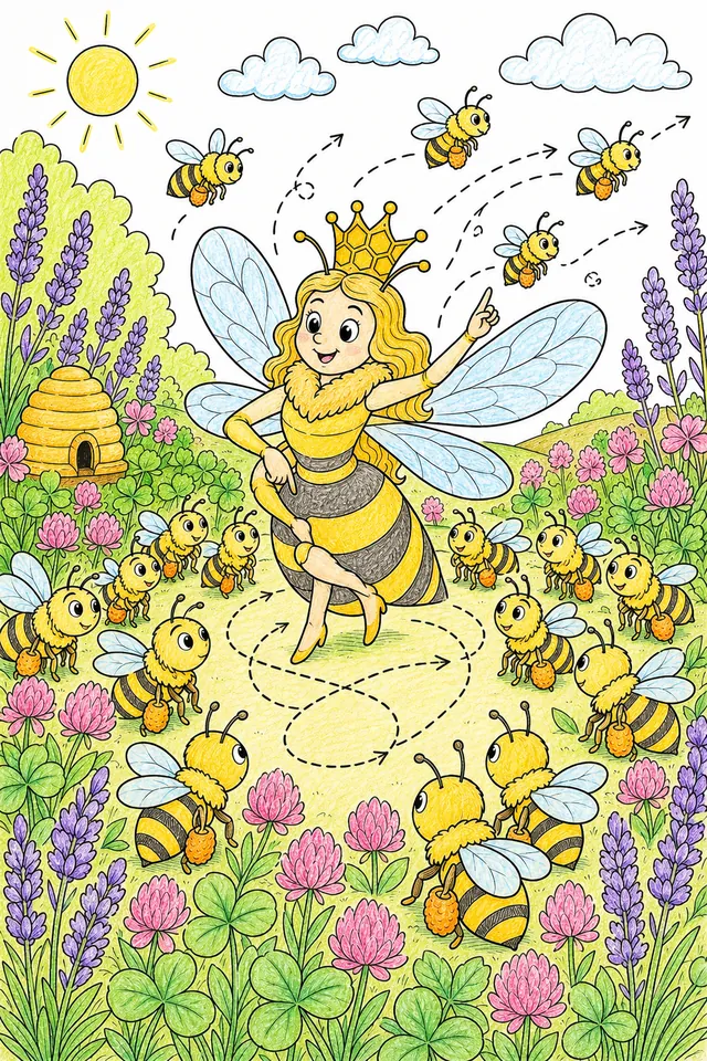 Ausmalbild: Goldene Bienenkönigin mit Wabenkrone tanzt von Dutzenden aufmerksamer Bienen umringt auf Sommerwiese