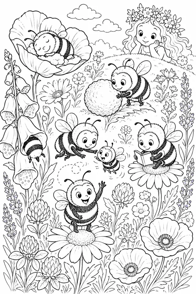 Bumblebee Family Frolicking on the Flower Meadow
