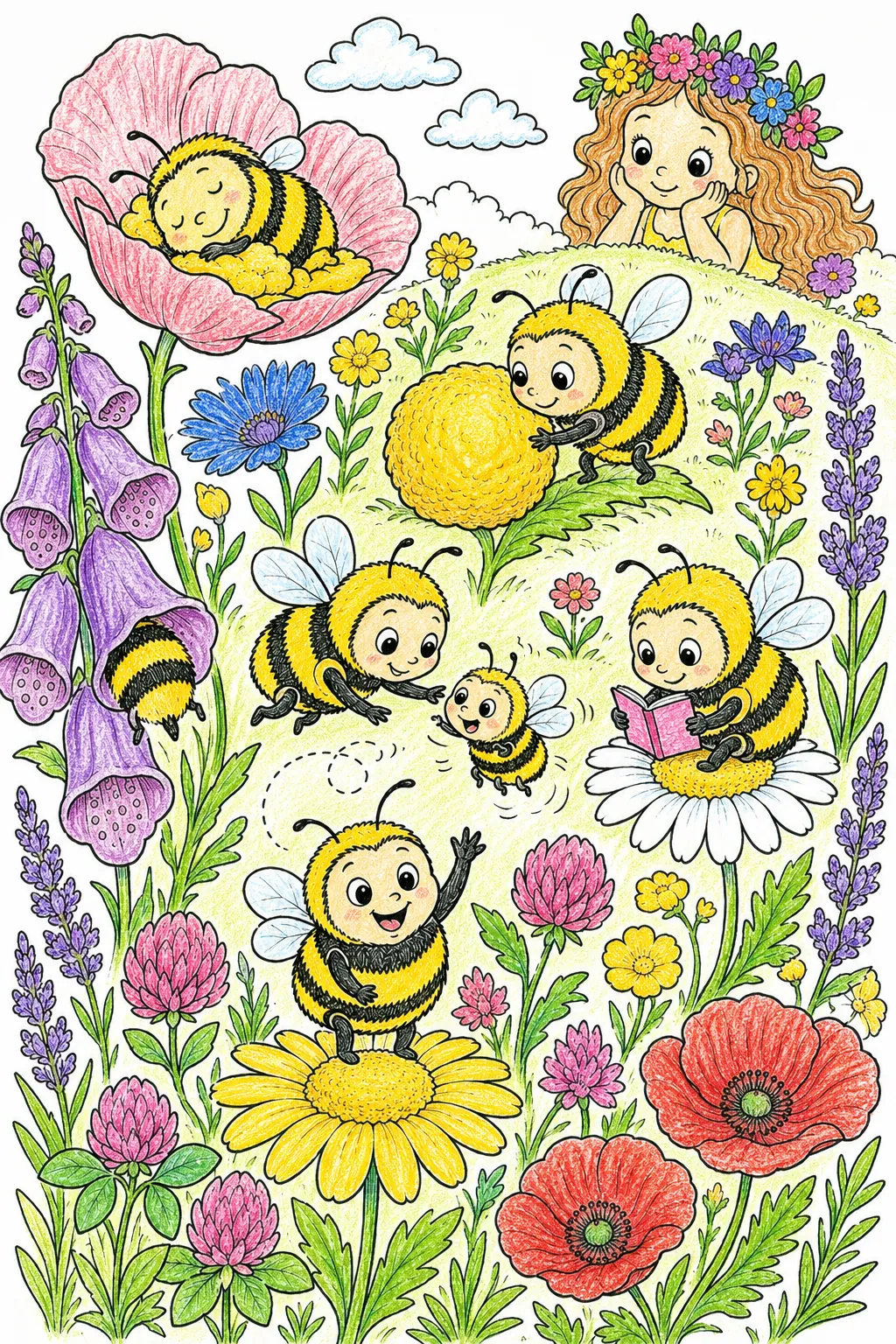 Hummel-Familie tummelt sich auf der Blumenwiese