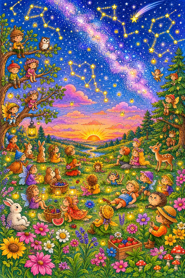 Ausmalbild: Dutzende Sommergeister auf Hügelkuppe schauen gemeinsam auf Milchstraße in letzter Sommernacht