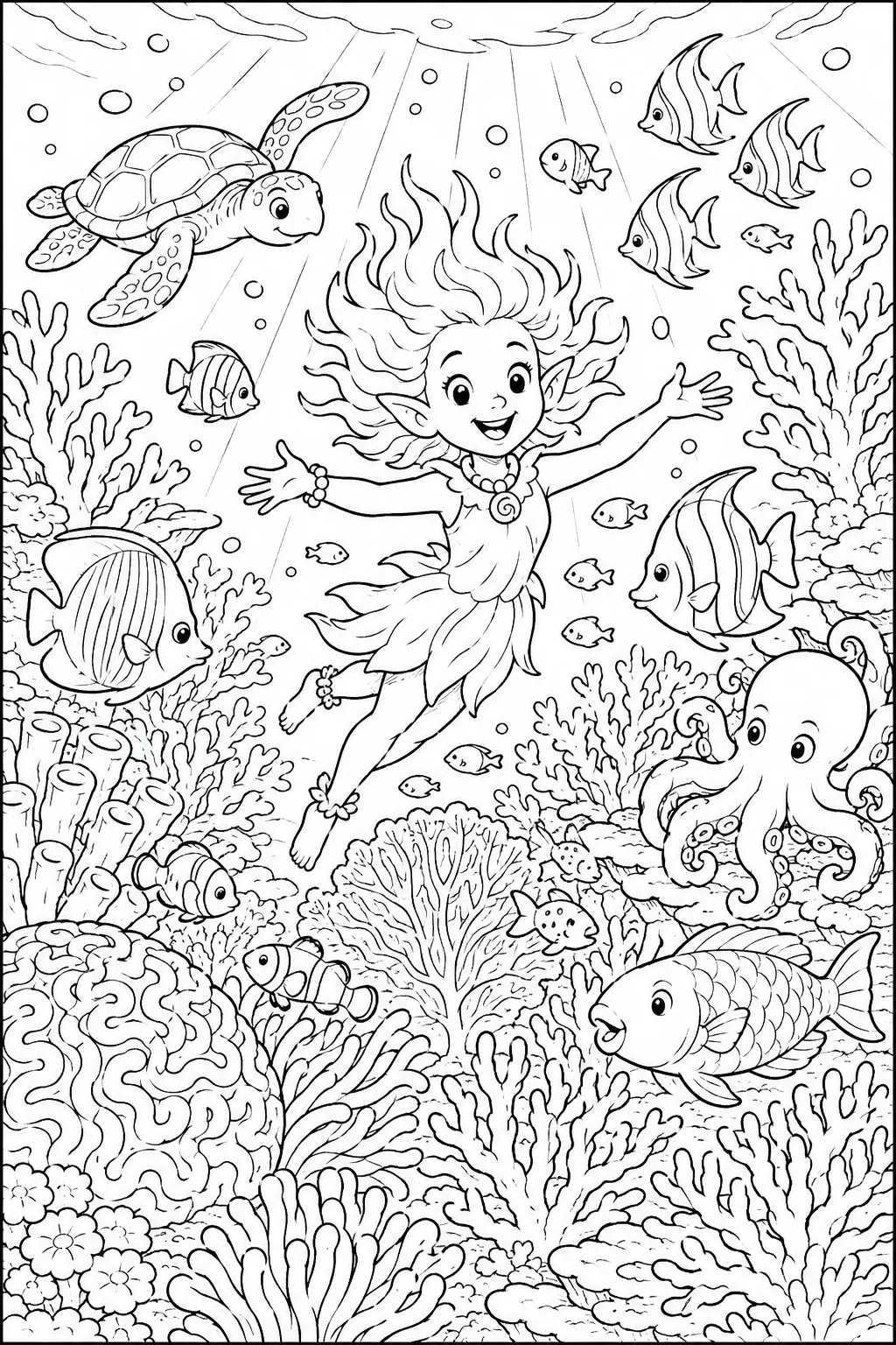 涂色页：夏天潜水精灵漂浮在彩色珊瑚礁中，周围都是热带鱼