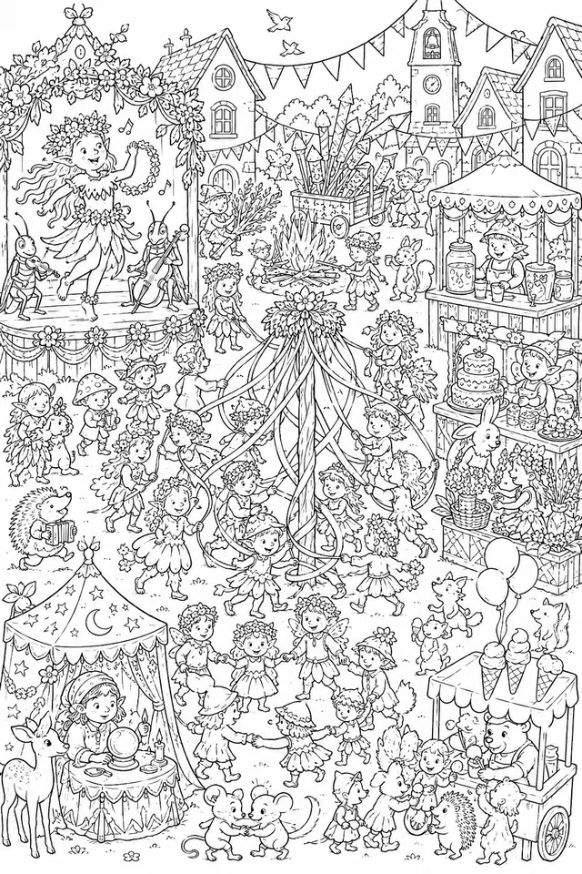 夏天节日Wimmelbild：自然精灵在村庄庆祝
