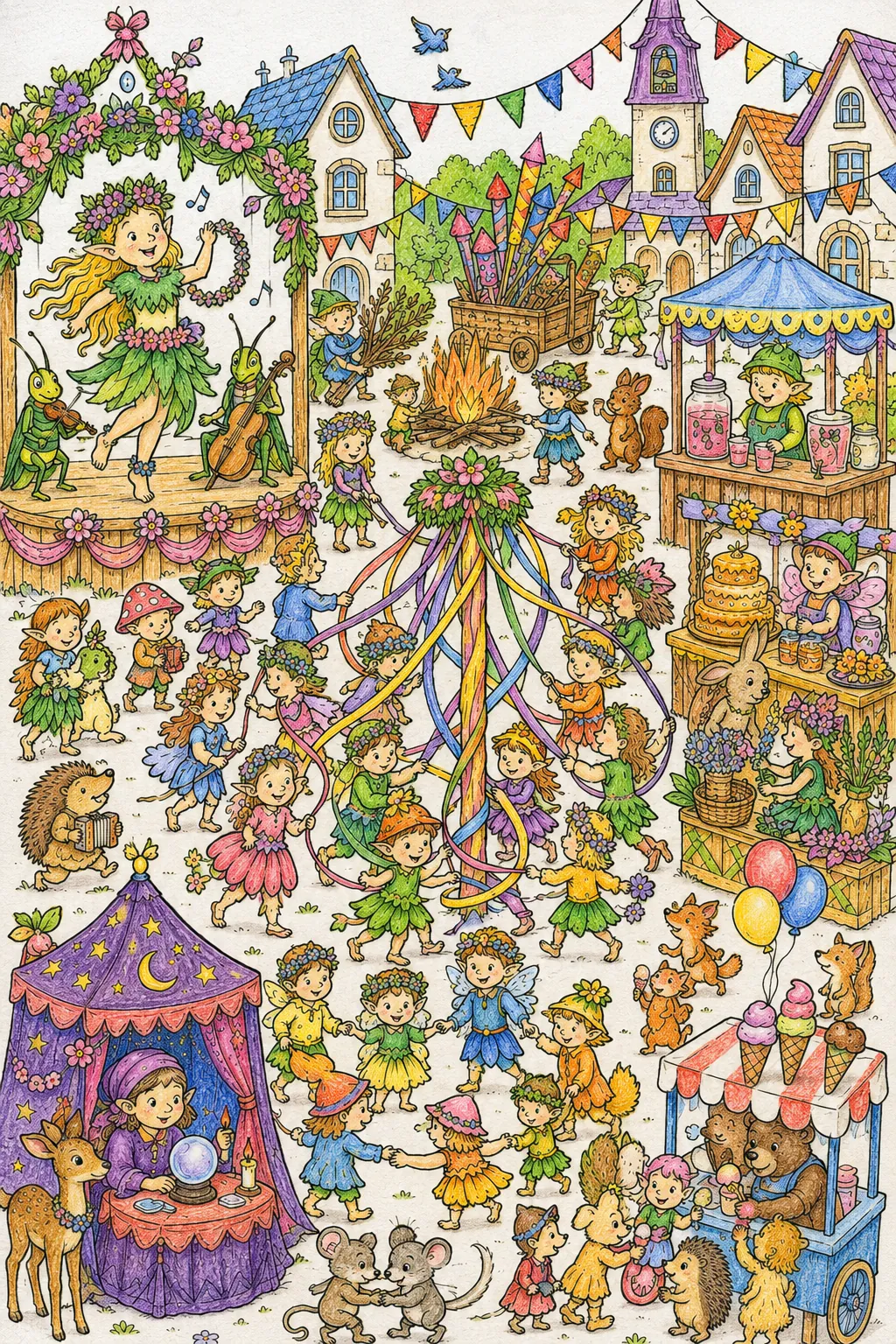夏天节日Wimmelbild：自然精灵在村庄庆祝