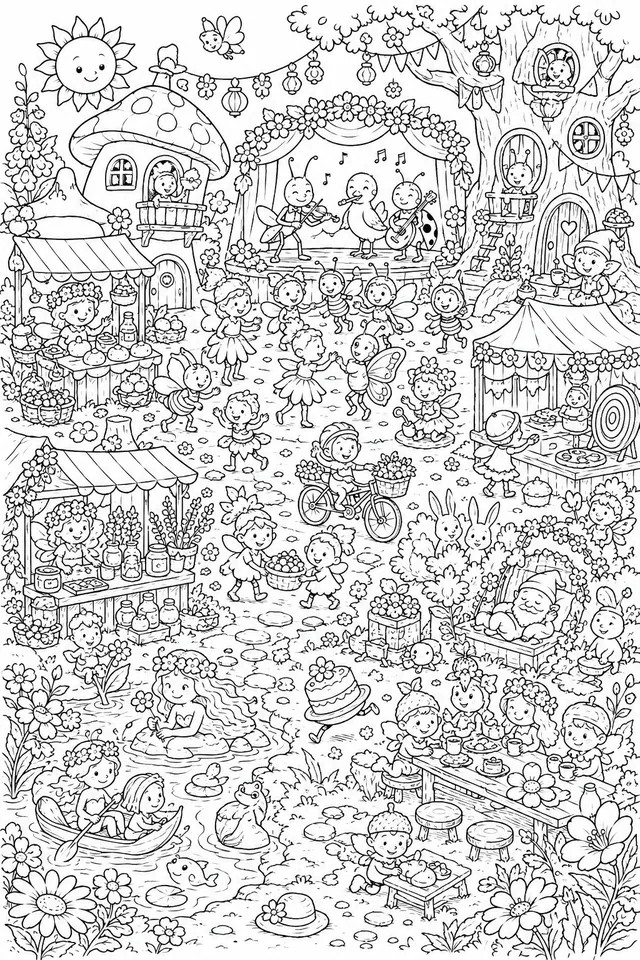 Sommerfest-Wimmelbild: Das ganze Dorf feiert zusammen