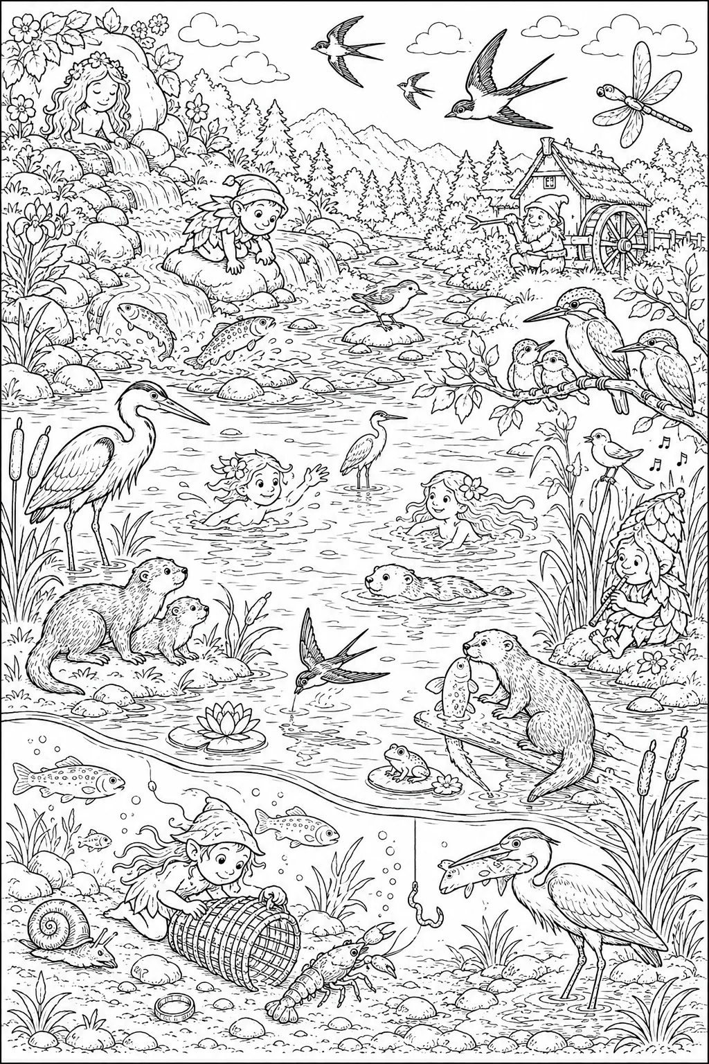 Ausmalbild: Wimmelbild Sommerfluss-Panorama von der Quelle bis zur Wiese mit Eisvogel und Ottern