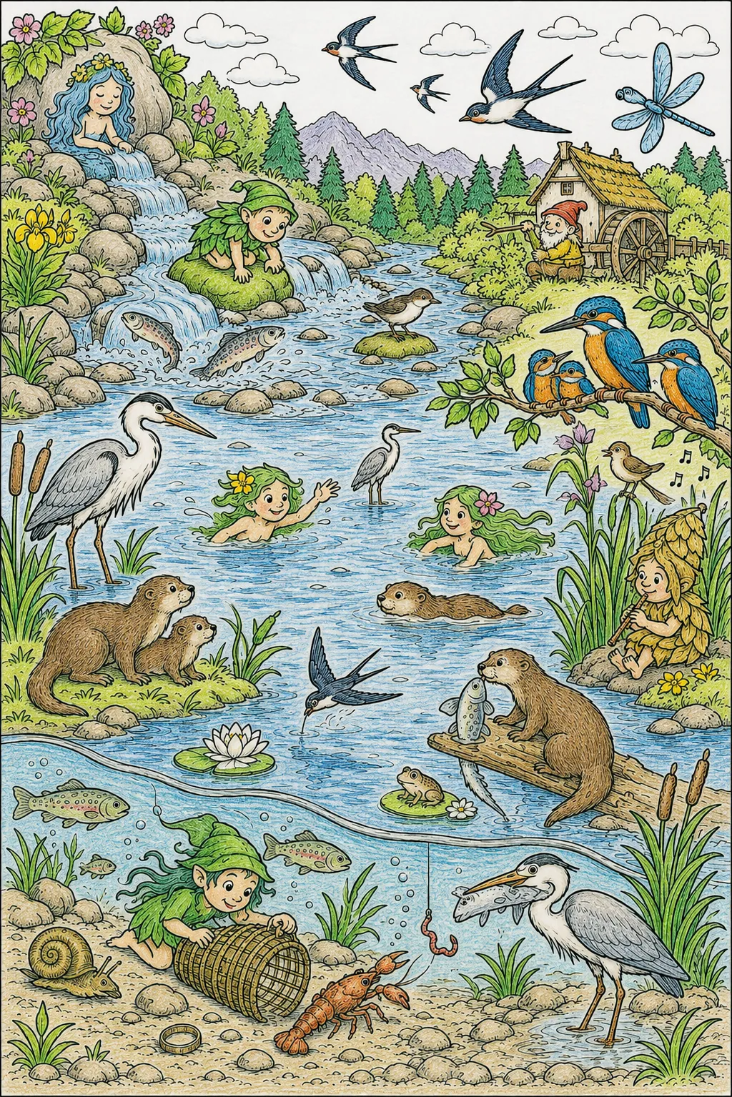Sommerfluss-Wimmelbild: Alle Bewohner des großen Sommerflusses