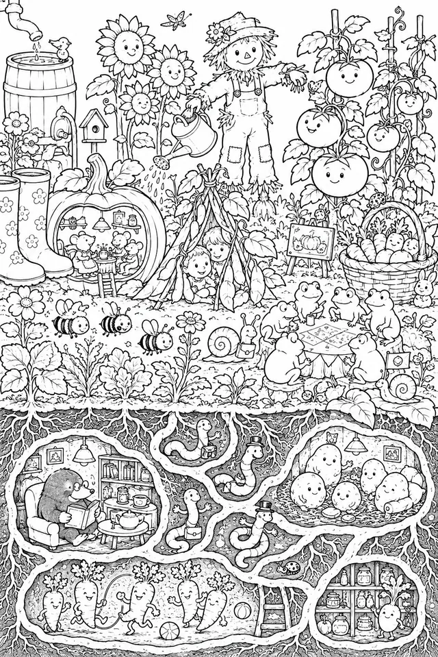 Sommergarten-Wimmelbild: Gemüse, Tiere und Blumen