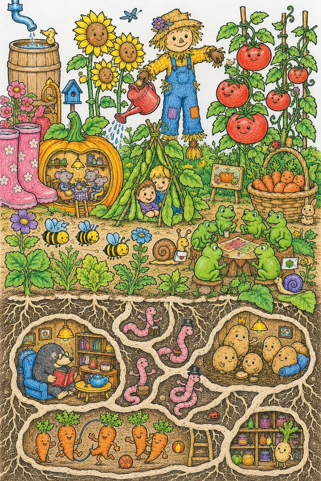 夏天花园Wimmelbild：蔬菜、动物和鲜花 – 涂色效果预览