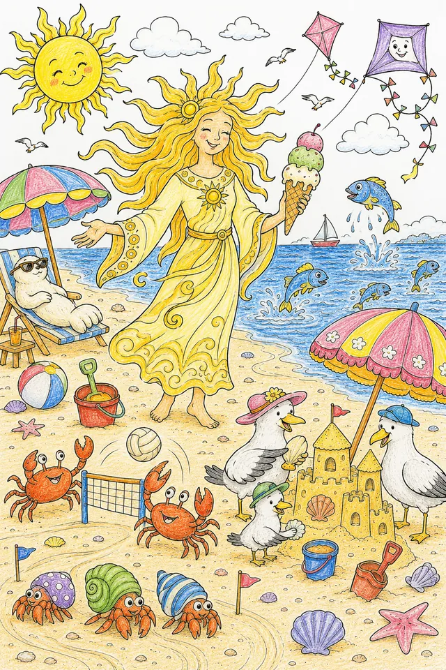 涂色页：手持冰淇淋的金色夏之精灵与螃蟹、海鸥和沙堡一起举办欢乐海滩派对