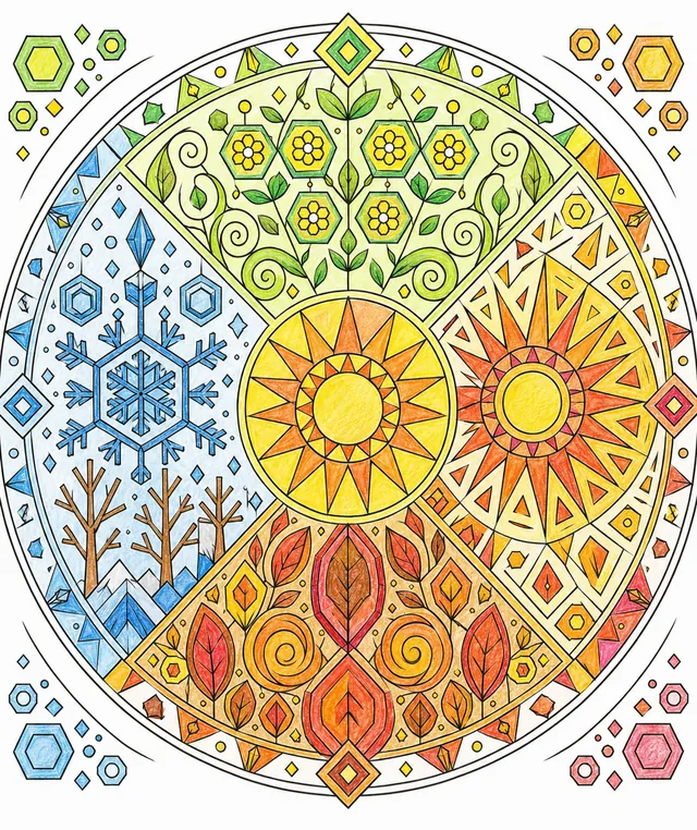 涂色页：金色夏之精灵在海滩上兴高采烈地拿着螺旋贝壳，旁边是装满贝壳的网袋