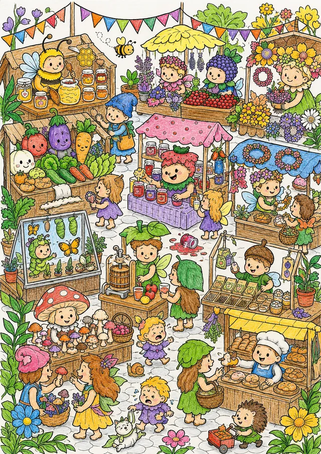 Sommermarkt-Wimmelbild: Bunte Naturgeist-Händler an langen Ständen – So könnte es aussehen
