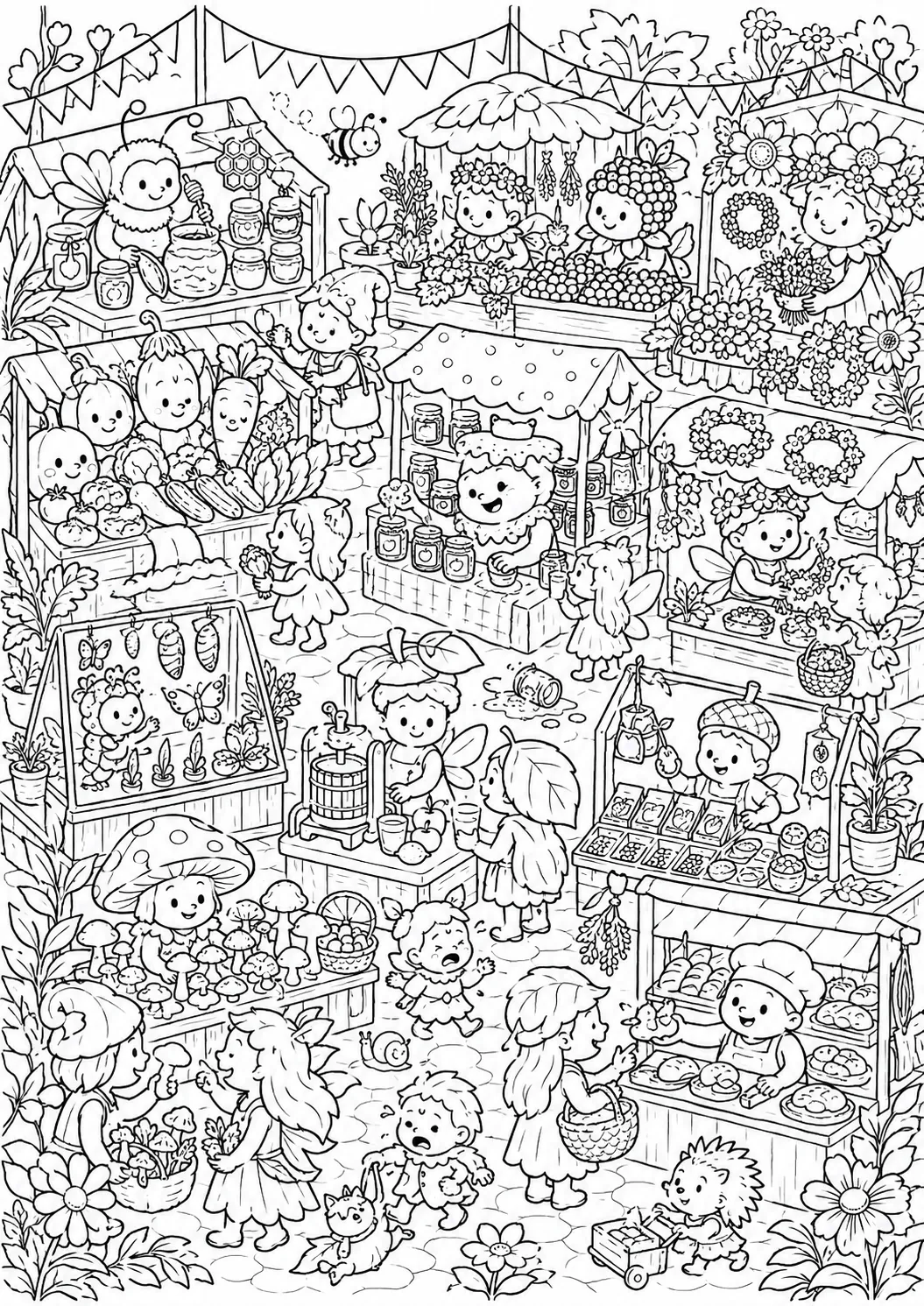 Ausmalbild: Wimmelbild bunter Sommermarkt mit vielen Naturgeist-Ständen und Kunden