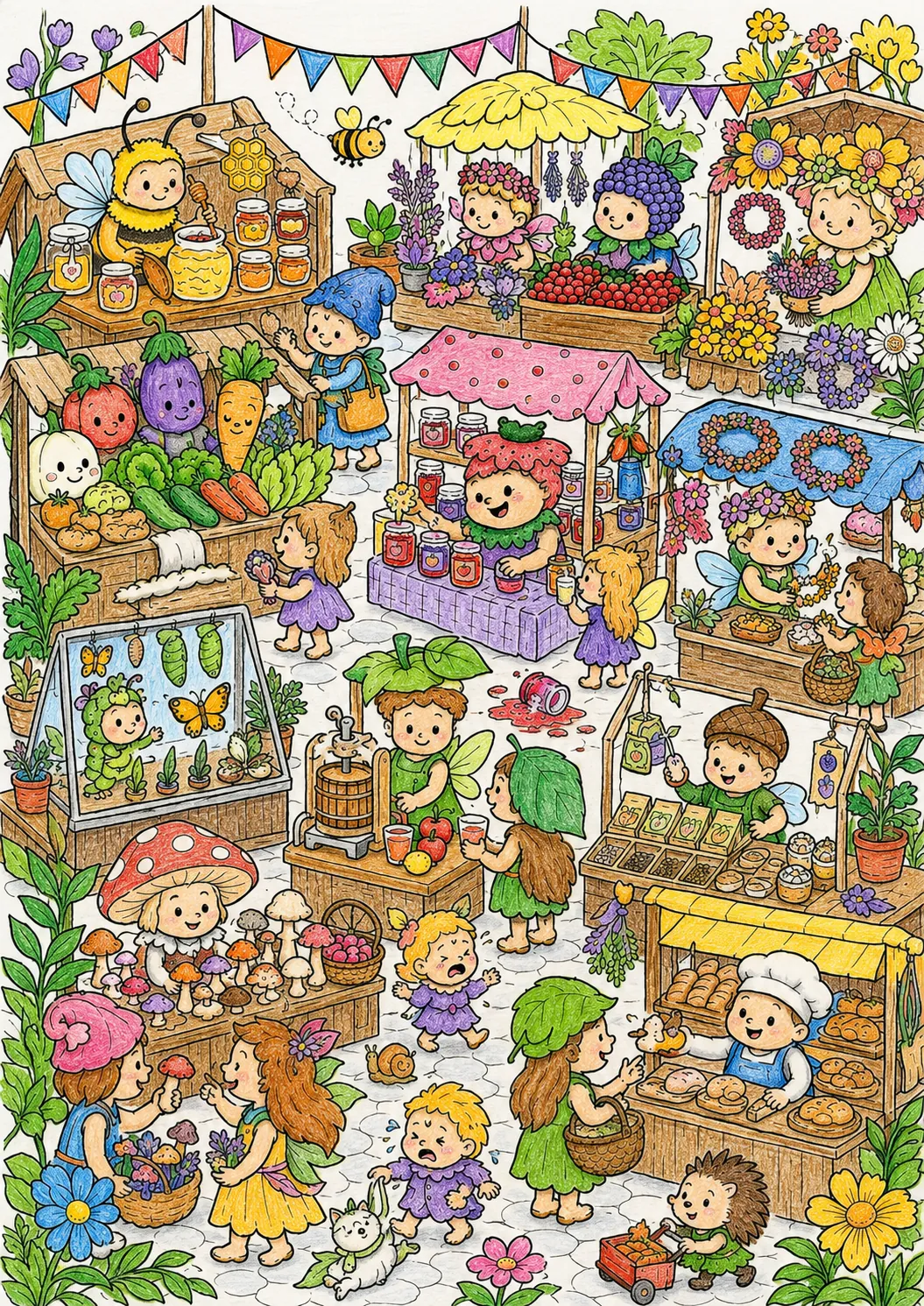 Sommermarkt-Wimmelbild: Bunte Naturgeist-Händler an langen Ständen