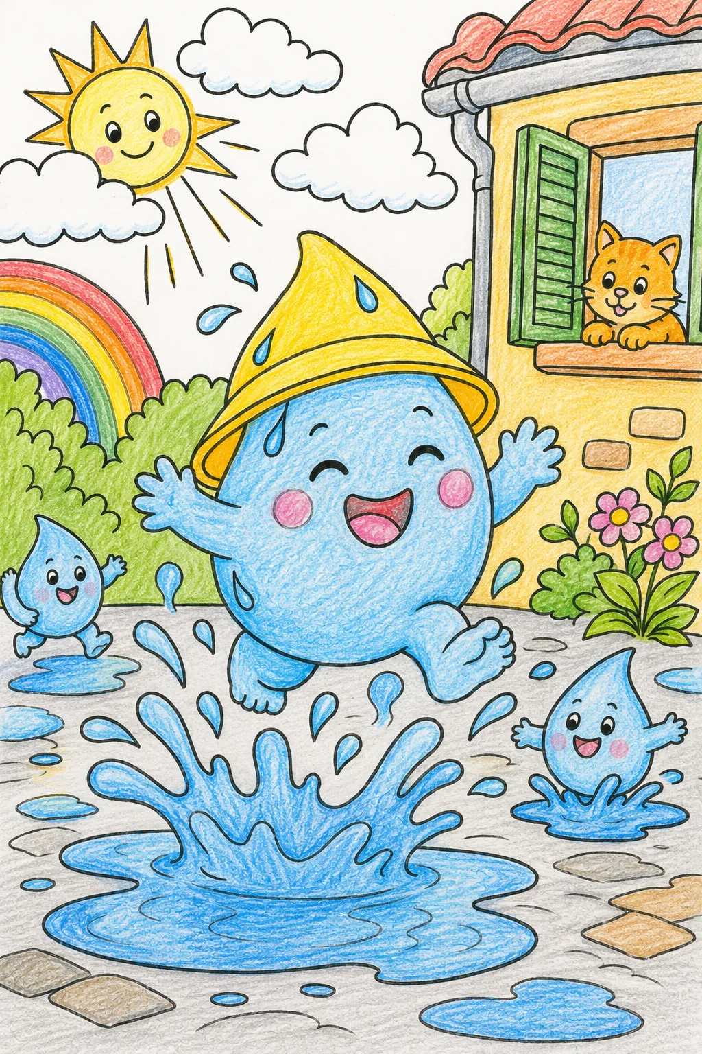 Sommerregen-Kind springt lachend durch Regenpfützen