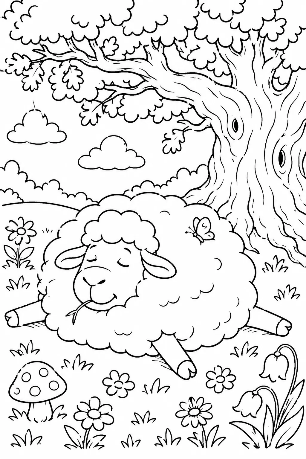 Ausmalbild: Rundes fluffiges Sommerschaf schläft im Eichenschatten, Schmetterling sitzt auf Wolle