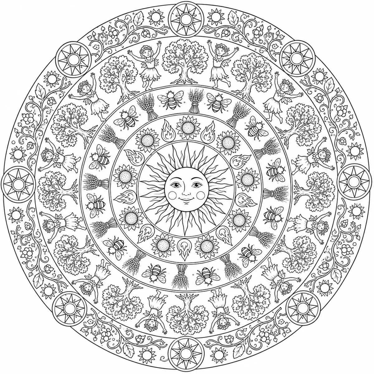 曼陀罗涂色页：圆形至日曼陀罗，中心有太阳面孔，同心圆中有向日葵和火焰
