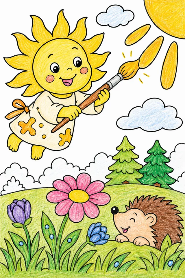 Ausmalbild: Runder Sonnen-Geist mit Pinsel malt Sonnenstrahlen an Morgenhimmel, Blumen öffnen sich darunter