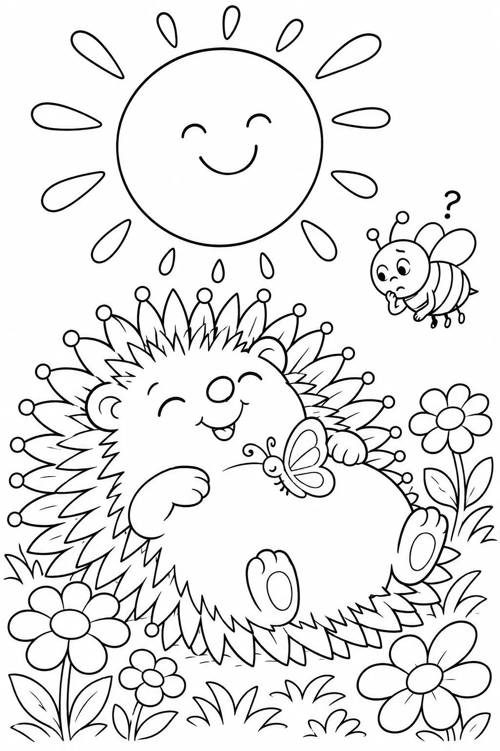 Ausmalbild: Runder Igel-Geist liegt zufrieden auf dem Rücken in der Sommersonne, Stacheln strahlen wie Sonne