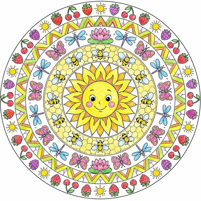 涂色页：带太阳脸和夏天符号同心环的圆形夏天曼陀罗