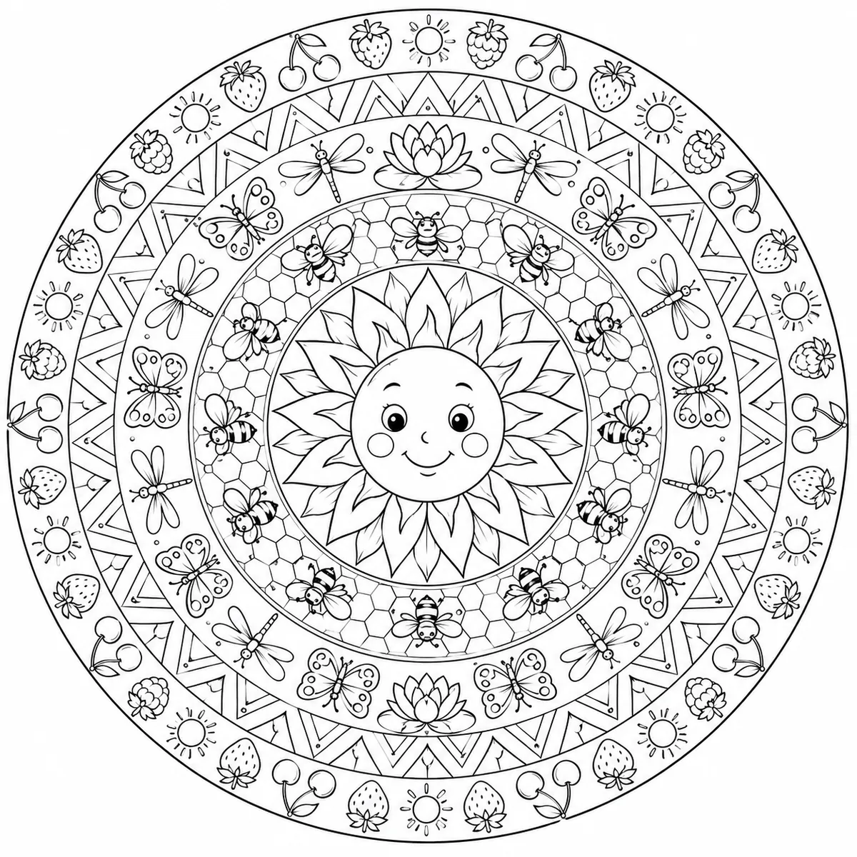 Ausmalbild: Kreisrundes Sommer-Mandala mit Sonnengesicht und konzentrischen Ringen aus Sommer-Symbolen