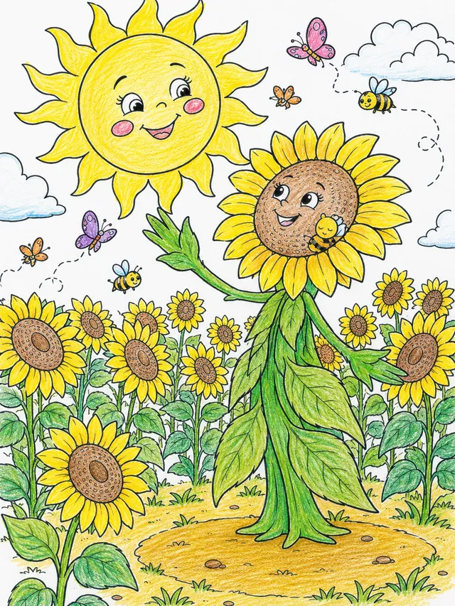 Ausmalbild: Großer Sonnenblumen-Geist mit Blüten-Kopf dreht sich zur Sonne, Bienen fliegen darum