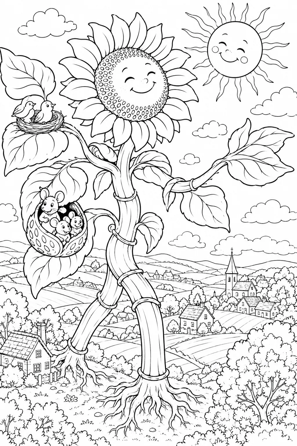 Ausmalbild: Riesiger freundlicher Sonnenblumen-Geist mit Blütengesicht über Sommerlandschaft, Vogelnester in Blättern