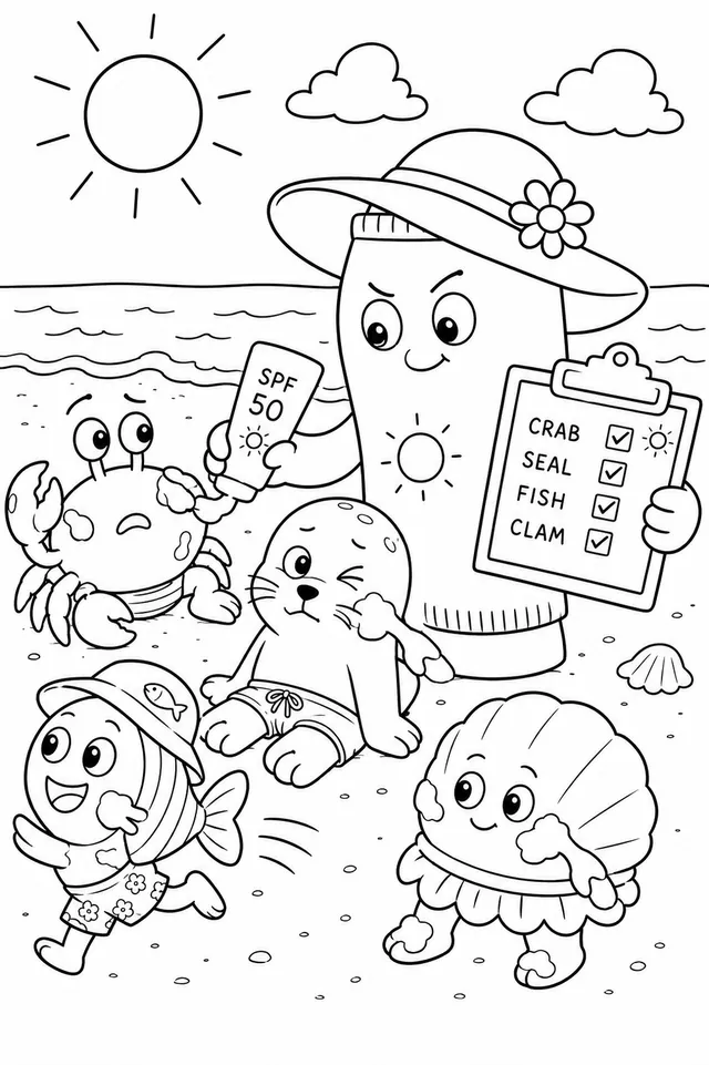 Sonnencreme-Geist beschützt Kinder am Sommerstrand
