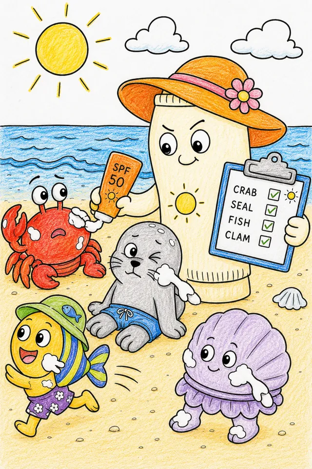 Ausmalbild: Weißer Sonnencreme-Geist mit Klemmbrett cremt Tiergeist-Kinder ein, eines flüchtet