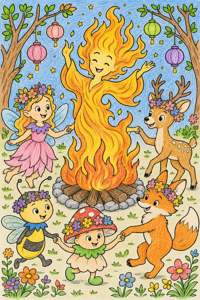 涂色页：大型火焰精灵与森林动物和精灵的圆圈围绕至日篝火共舞