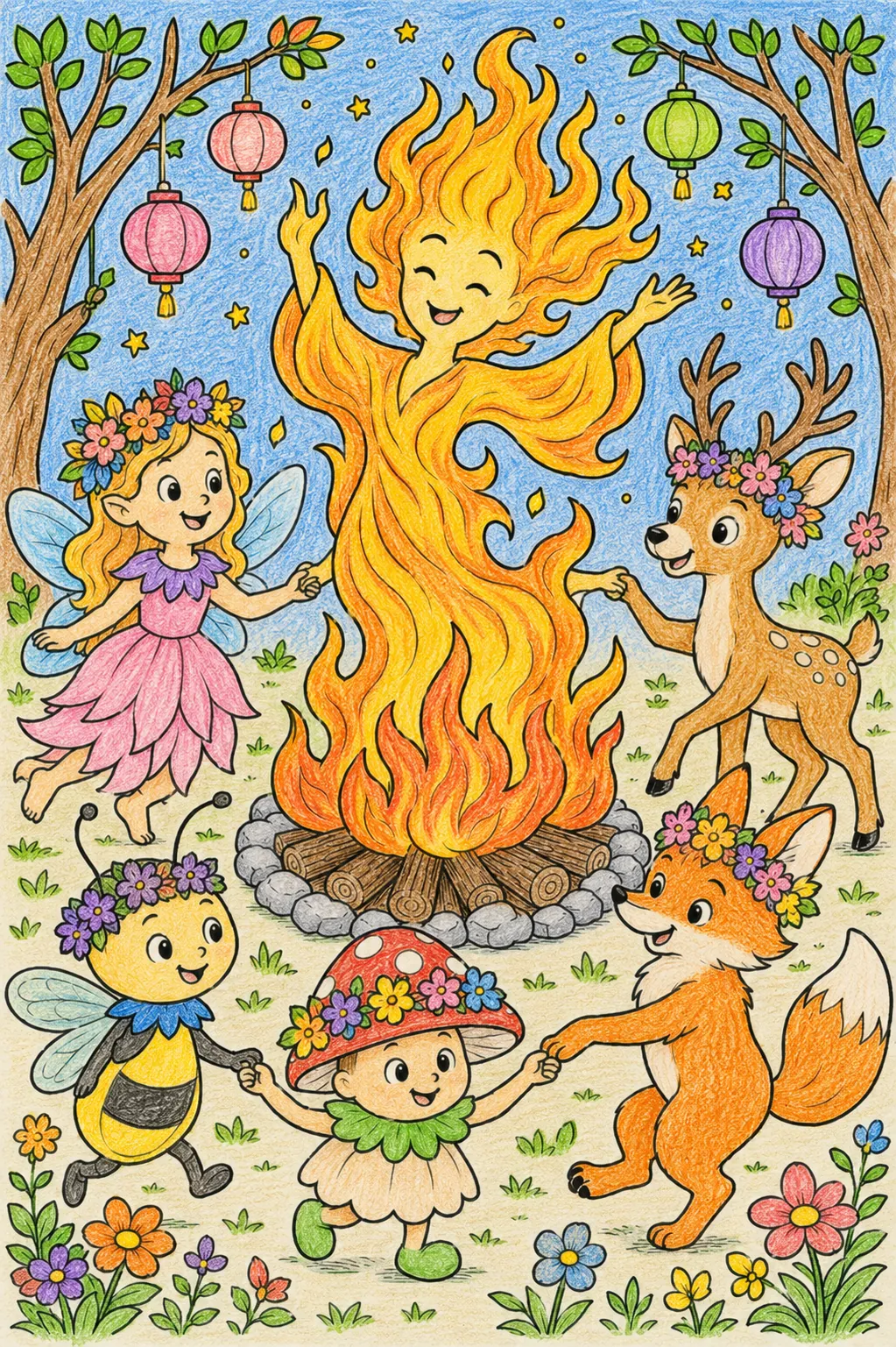 Sommersonnenwende-Fest mit Feuer, Tanz und Blumenkränzen