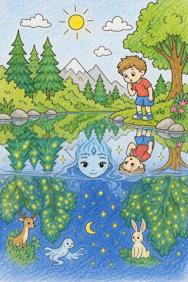 镜湖精灵倒映着颠倒的夏天森林 – 涂色效果预览