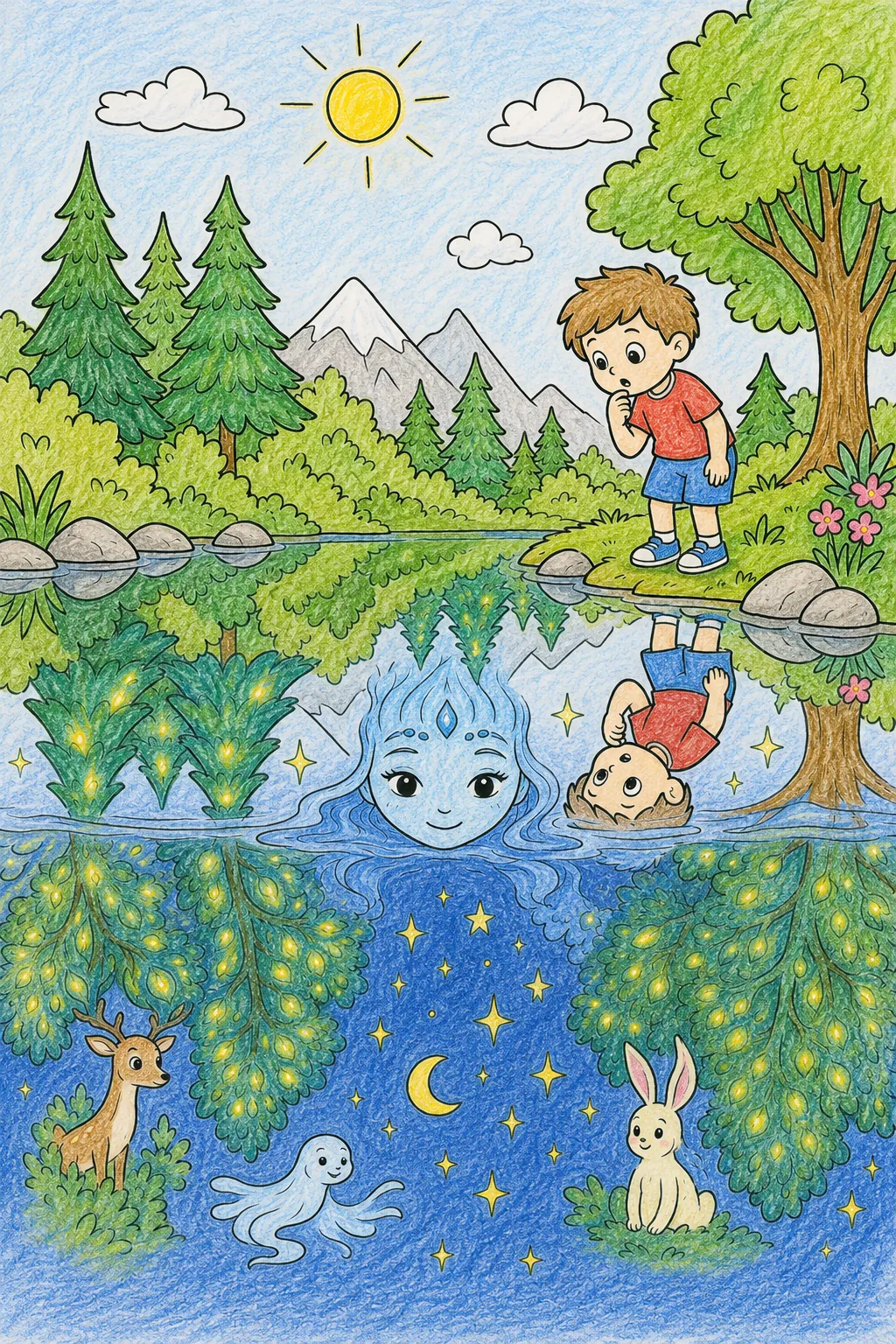 镜湖精灵倒映着颠倒的夏天森林