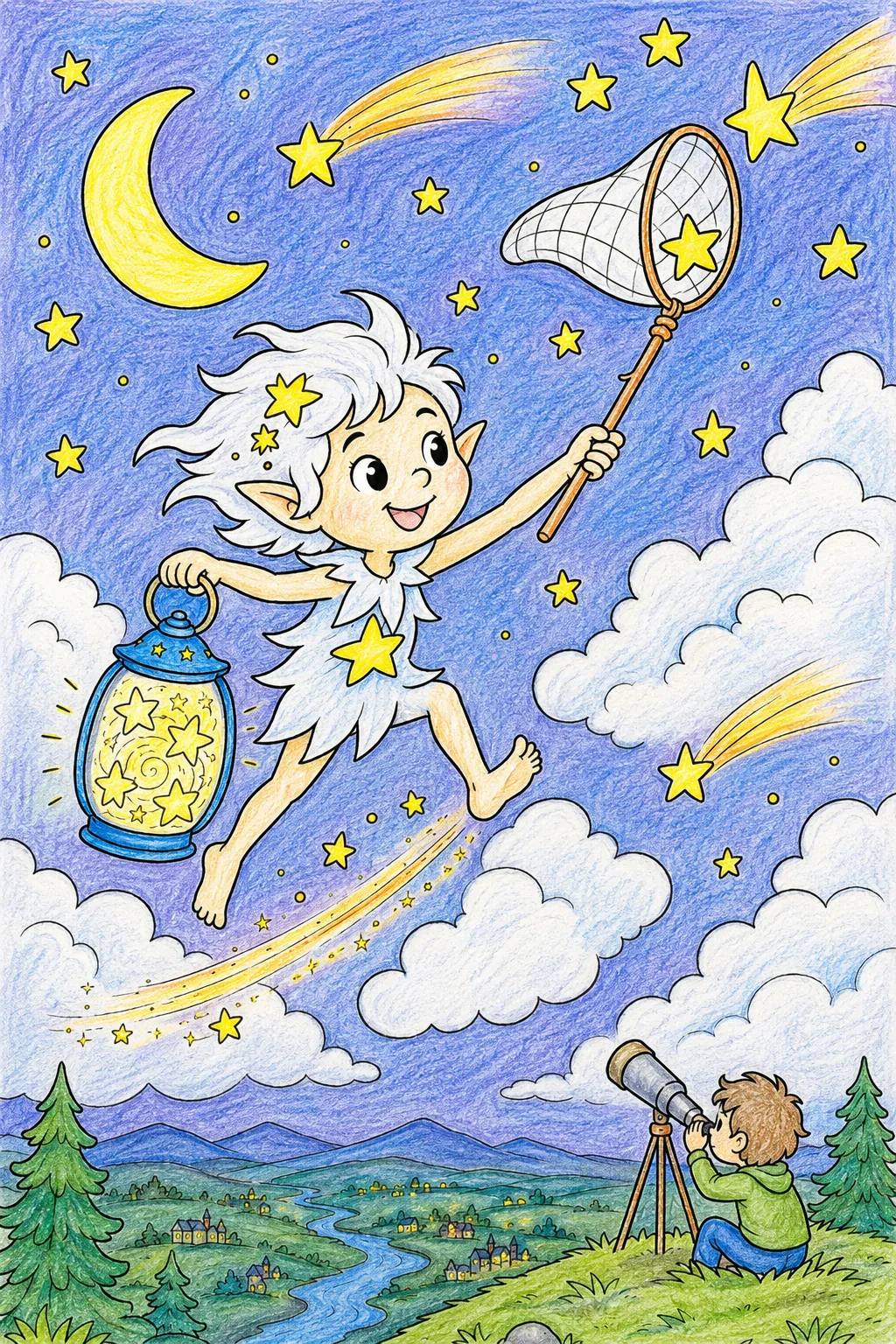 Sternschnuppen-Fänger greift in der Sommernacht nach Sternen