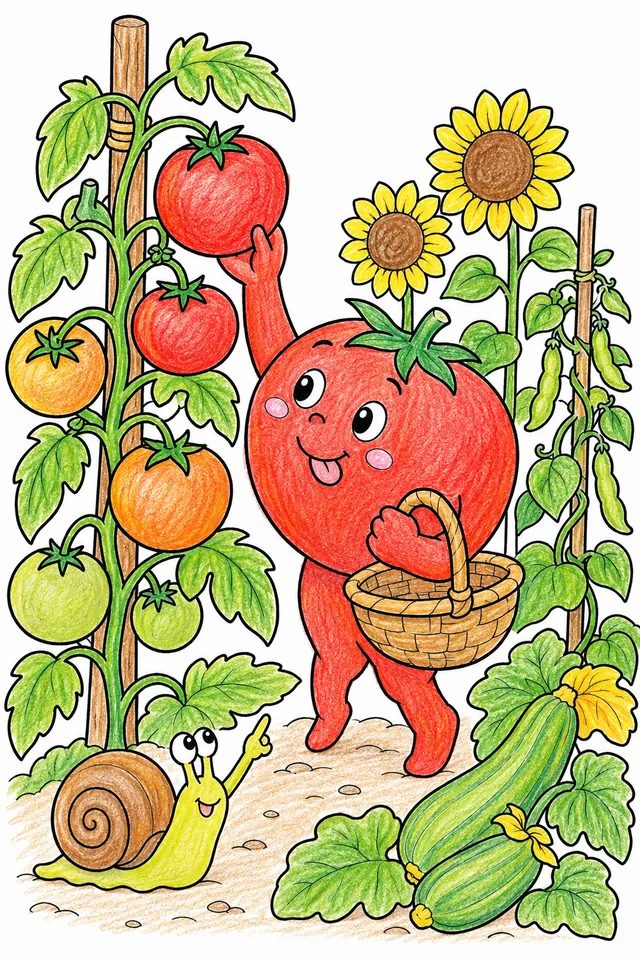Ausmalbild: Rundes Tomate-Kind pflückt rote Tomate im Sommergarten, Schnecke zeigt die beste