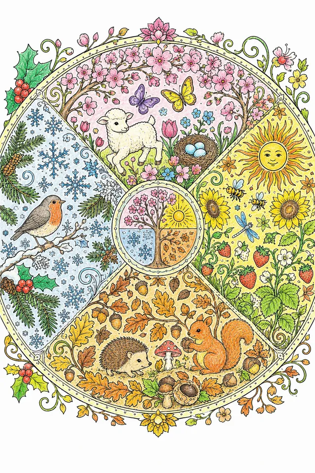 曼陀罗涂色页：春夏秋冬四个扇区的圆圈，每个扇区有典型的动物和植物