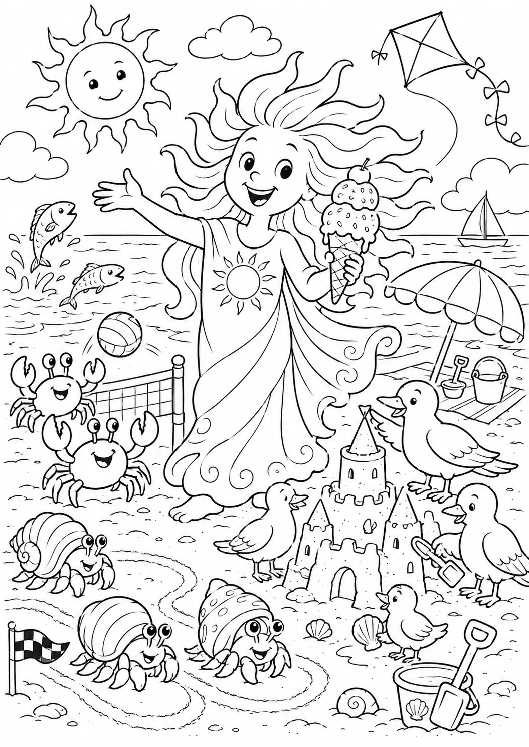 Ausmalbild Mandala: Kreis mit vier Sektoren für Frühling, Sommer, Herbst und Winter, je mit typischen Tieren und Pflanzen