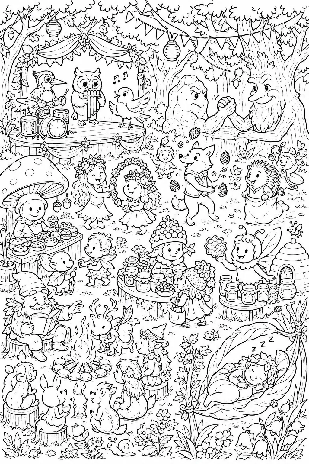 Ausmalbild: Waldgeister-Sommerfest auf Waldlichtung mit Essensständen, Musikbühne und Spielen
