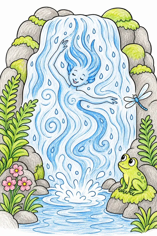 Ausmalbild: Tanzender Wasserfall-Geist hinter Wasserschleier, Frosch beobachtet vom Fels
