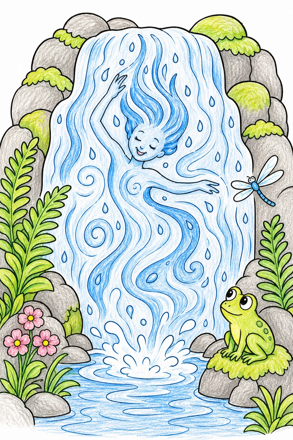 Wasserfall-Geist tanzt hinter dem silbernen Wasservorhang