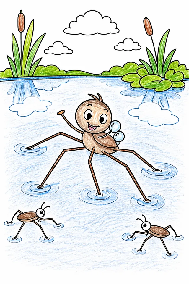 Ausmalbild: Wasserläufer-Kind gleitet auf Sommersee-Spiegeloberfläche, hinterlässt Wellenringe