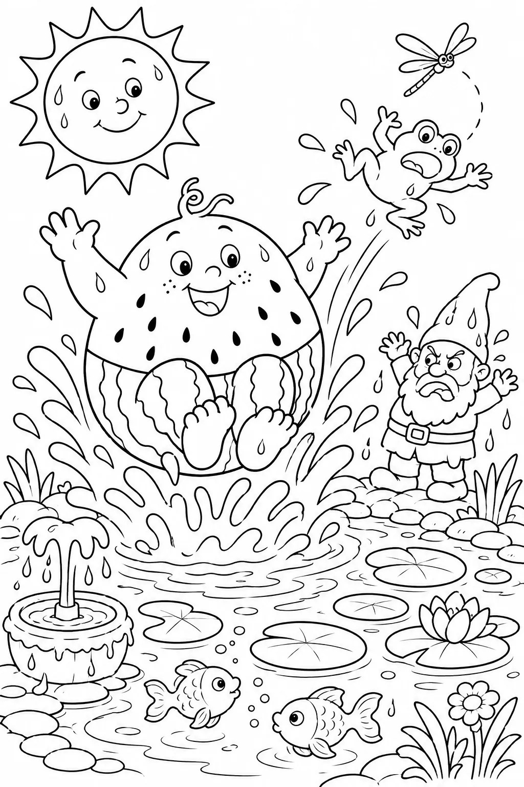 Ausmalbild: Runder Wassermelonen-Geist springt in Gartenteich, Frosch fliegt weg, Gartenzwerg ist klatschnass