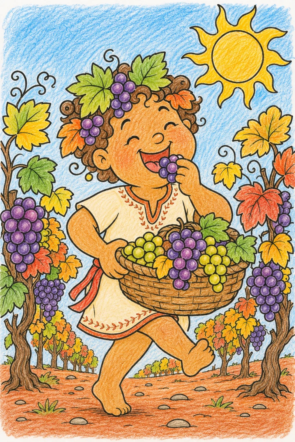 Weinlese-Geist erntet goldene Weintrauben im sonnigen Herbst-Weinberg